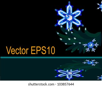Dark blue snowflakes fall on a branch of a fir-tree and are reflected in ice.
