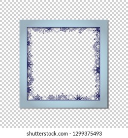 Dark blue Snowflakes square frame template with shadow on transparent background. Winter Retro memory picture. Eps10