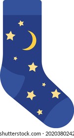 Dark blue sock with stars and moon, illustration, vector on a white background.