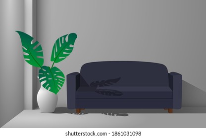 dark blue sofa with plant in white vase in the white room