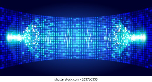 Dark blue Sound wave background suitable as a backdrop for music, technology and sound projects. Blue Heart pulse monitor with signal. Heart beat.
