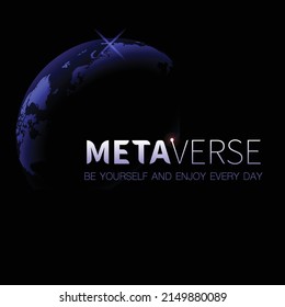 Dark blue space background with Earth planet. Sample futuristic text with light effects. Metaverse sample wallpaper