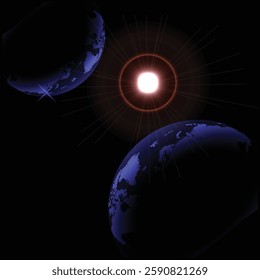 Dark blue space background with Earth planet. Sample futuristic text with light effects. Metaverse sample wallpaper