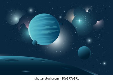 Dark Blue space background with gas giant planet in front. Planet moves quietly in space with his moons around it with stars and nebulas in the background