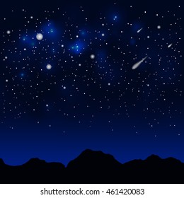 Dark blue space landscape with mountains silhouette, comet and stars.