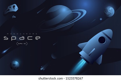 Dark blue space vector EPS. Solar system background with astronaut, planets, spacecraft clouds and stars.