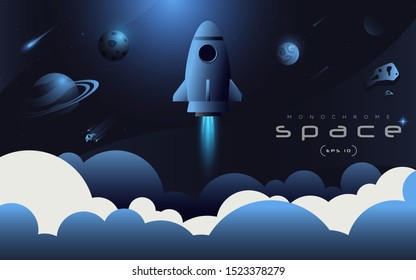 Dark blue space vector EPS. Solar system background with astronaut, planets, spacecraft clouds and stars.