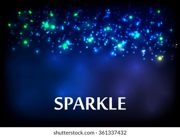 Dark blue sparkling abstract background with bokeh effect. Graphic vector design illustration