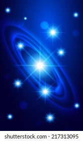 Dark Blue sparkling background with stars in the sky and blurry lights, illustration. Abstract, Universe, Galaxies, ring. 