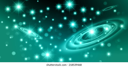 Dark blue sparkling background with stars in the sky and blurry lights, illustration. Abstract, Universe, Galaxies, ring. 