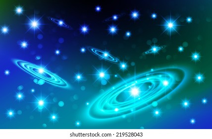 Dark blue sparkling background with stars in the sky and blurry lights, illustration. Abstract, Universe, Galaxies, ring. 