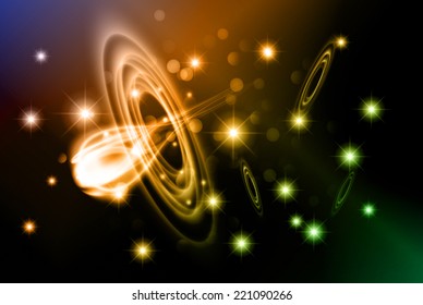 Dark blue sparkling background with stars in the sky and blurry lights, illustration. Abstract, Universe, Galaxies, ring. 