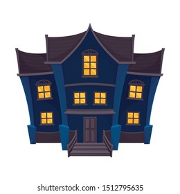 Dark blue spooky house with a gray roof and curved walls. Vector illustration.