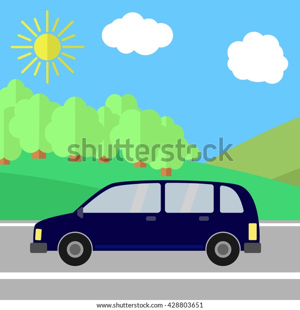 Dark Blue Sport Utility Vehicle on a\
Road on a Sunny Day. Summer Travel Illustration.\
\
