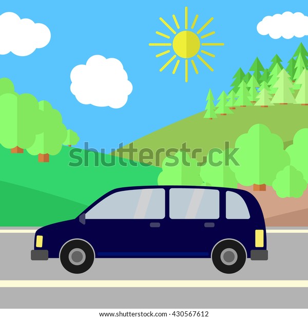 Dark Blue Sport\
Utility Vehicle on a Road on a Sunny Day. Summer Travel\
Illustration. Car over\
Landscape.\

