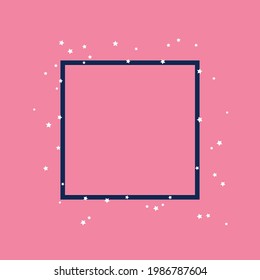 Dark blue square border and white stars on pink background. Space for text or image. Vector illustration.