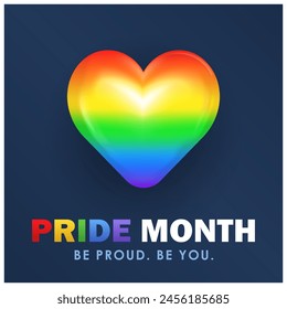 Dunkelblaues quadratisches Poster mit buntem Regenbogenherz, das Liebe, Akzeptanz und Vielfalt symbolisiert, perfekt für Pride-Month-Veranstaltungen. Grußkarte mit mehrfarbiger LGBT-Regenbogen-Flagge Herz und Text