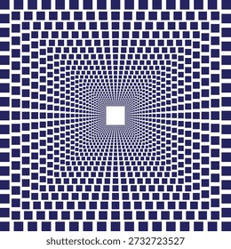 Azulejos cuadrados azules oscuros que forman una perspectiva de túnel en retroceso sobre un fondo blanco con un vacío central