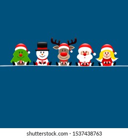 Dark Blue Square Tree Snowman Reindeer Santa And Angel