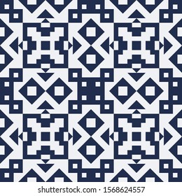 dark blue squares, triangles and polygons of different sizes, arranged in a certain order on a light background, form a strict two-color geometric seamless pattern. vector