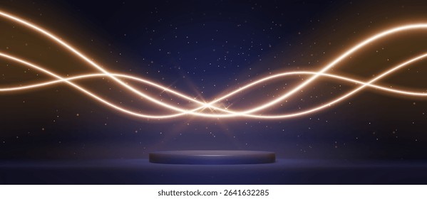 Dark blue stage with glowing golden light waves and glitter particles. Empty platform below curved luminous streams - elegant display for product presentation. Sparkles effects in magical atmosphere.