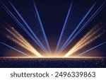 Dark blue stage with golden spotlight lines and glitter texture for award ceremony design. Realistic 3d abstract premium elegant glamour background template for anniversary or winner rewarding.