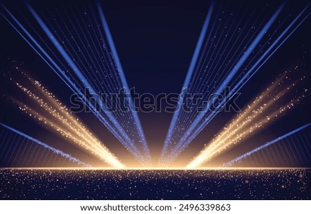 Dark blue stage with golden spotlight lines and glitter texture for award ceremony design. Realistic 3d abstract premium elegant glamour background template for anniversary or winner rewarding.