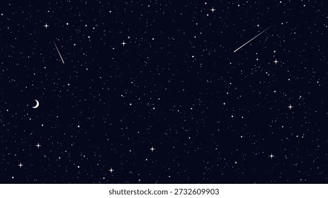 Fundo de céu noturno estrelado azul escuro com lua crescente e estrela cadente. Ilustração de padrão de espaço celeste para conceito de astronomia
