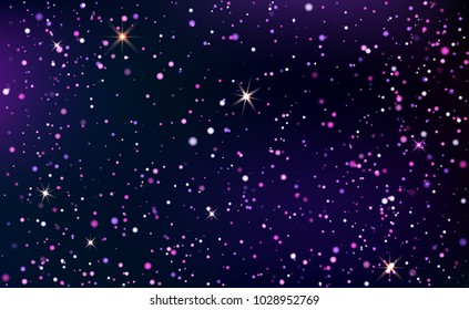Dark blue starry sky. Dark background with shining light dispersed particles and stars. Vector illustration for your graphic design.