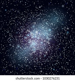 Dark blue starry sky. Dark background with shining light dispersed particles and stars. Vector illustration for your graphic design.