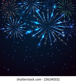Dark blue starry sky and shiny fireworks, illustration.