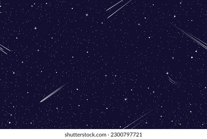 Patrón transparente azul oscuro. Fondo de papel de envolvimiento, impresión vectorial de tela en el espacio exterior, estrellas de galaxia y cometas fondo de pared sin fisuras o patrón con cielo azul oscuro nocturno