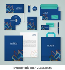 Dark blue stationery template design with yellow, orange and blue rectangles.Set of business corporate identity mock up. Documentation for business.
