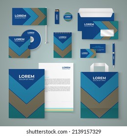 Dark blue stationery template design with yellow, green and blue lines.Set of business corporate identity mock up. Documentation for business.