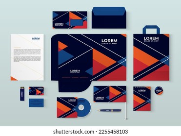 Dark blue stationery template design with geometric pattern.Set of business corporate identity mock up. Documentation for business.