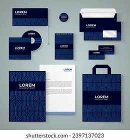 Dark blue stationery template design with geometric pattern.Set of business corporate identity mock up. Documentation for business.