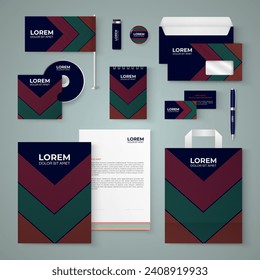 Dark blue stationery template design with orange, green and red lines.Set of business corporate identity mock up. Documentation for business.

