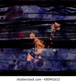 Dark blue striped texture with transparent orange crystals. Triangular, wavy lines, stylized leaves and petals, squares, spots of polygons. Randomly mixed. Abstract seamless background.