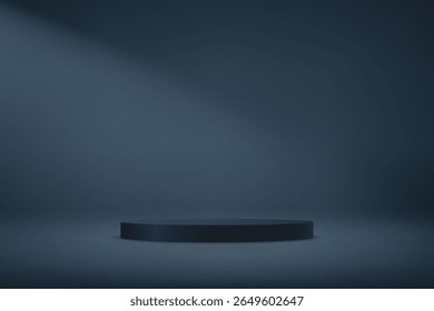 Fundo de estúdio azul escuro. Vetor de fundo azul 3d com pódio preto. Quarto vazio com efeito de luz. Espaço para a venda de produtos no site. Cenário de negócios. Ilustração vetorial.