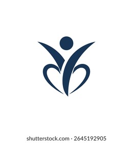 A dark blue stylized figure silhouette within a heart shape is shown against a white background The style is minimalist and abstract