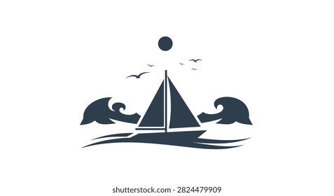 A dark blue stylized silhouette of a sailing boat navigating choppy waves with birds and a sun or moon in the sky