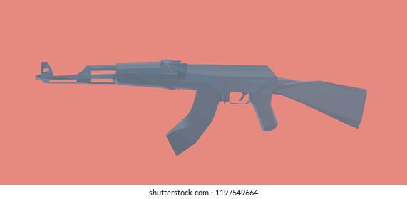 Dark Blue Submachine Kalashnikov or AK47 Vector Illustration Low Poly 3D Rendering