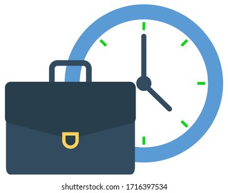 Dunkelblauer Koffer und Uhr mit weißem Zifferblatt und Zeigern auf dem Hintergrund. Lederquadratische Aktenmappe für Büroangestellte oder Geschäftsleute, die über ein Unternehmen oder eine Firma verfügen. Vektorillustration im Flachstil