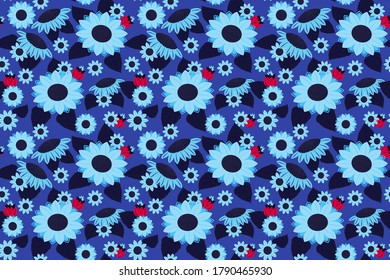 Dark blue sunflower seamless pattern. Summer night floral background for prints, fabric, wallpaper, textile, wrapping paper.