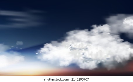 Vista panorámica del cielo azul oscuro con nubes de Cumulus. Cielo atardecer por la noche, cielo panorámica dramático del crepúsculo,horizonte de malla vectorial banner cielo sombrío antes de la noche para cuatro temporadas de fondo