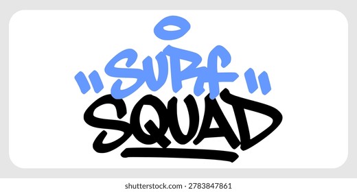 Dark blue surf squad graffiti tag lettering with clean layout lines on light background. Vibrant coastal community typography design for youth surfer apparel, summer team merchandise, and stickers.