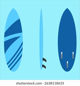 Dark blue surfboard shown in full,
classic-modern vibe from all angles,
flat art design style.
