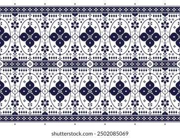 dark blue symbol floral on White background, ethnic fabric seamless pattern design for cloth, carpet, batik, wallpaper, wrapping etc.