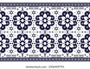 dark blue symbol floral on White background, ethnic fabric seamless pattern design for cloth, carpet, batik, wallpaper, wrapping etc.