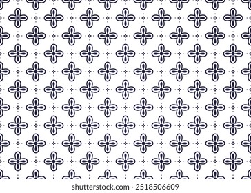 dark blue symbol floral on White background, ethnic fabric seamless pattern, design for cloth, carpet, batik, wallpaper, wrapping etc.